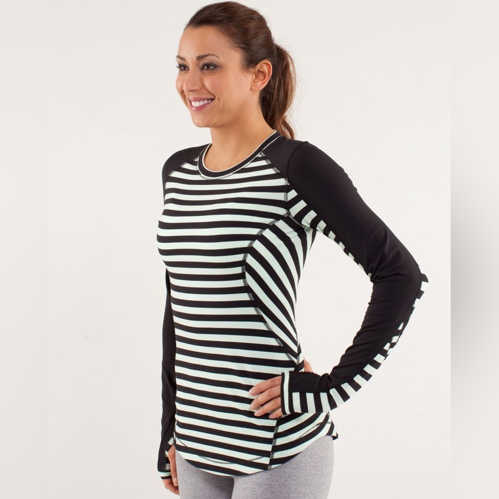 Lululemon Run: Reflect Long Sleeve - Sea Stripe Mint Moment Black Athletic Top